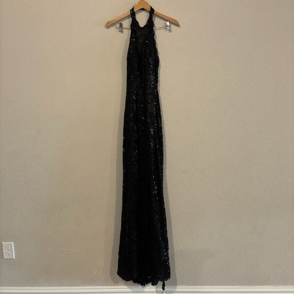 Sherri Hill Black Halter Beaded Lace Prom Dress